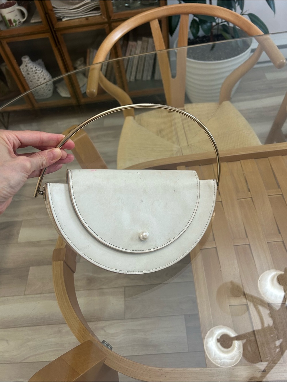 Kitayama Studio Leather White Half-Moon Top-Handle Bag with Pearl Accent